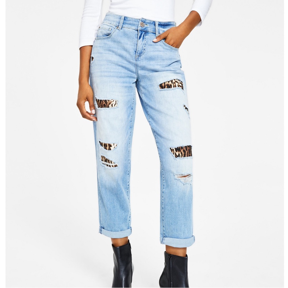 Higher Rise Ripped boyfriend leopard jeans